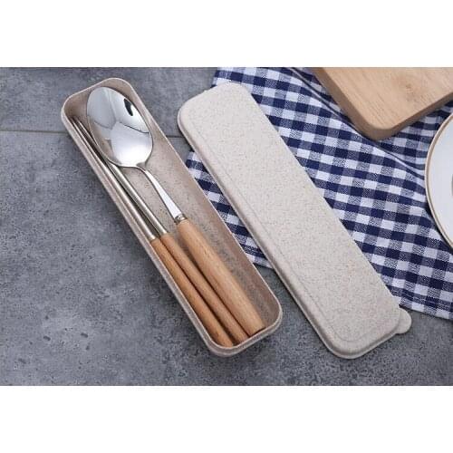 1SET Portable Tableware Spoon Chopstick 304 Stainless Steel Dinnerware Set With Wooden Handle Picnic Travel Flatware Set OK 0867