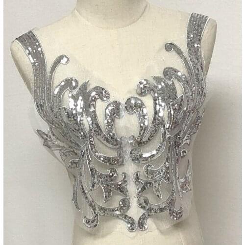 1Pair Silve Sequin Neckline Flower Mesh Embroidery Patches Bridal African Lace Sewing Fabric Applique Clothing Dress Decora Diy