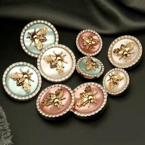 6pcs Retro Rhinestones Diamond Decor Metal BEE Pink Blue Pearl Buttons for Clothing Coat Cardigan Sweater Sew Needlework