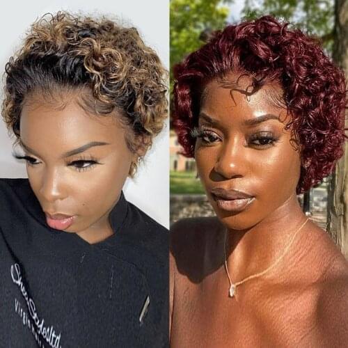 99j Burgundy Curly Pixie Cut Wig 1B/30 Short Curly Human Hair For Women PrePlucked Hairline 13X2 Transparent Lace Wig Under $50