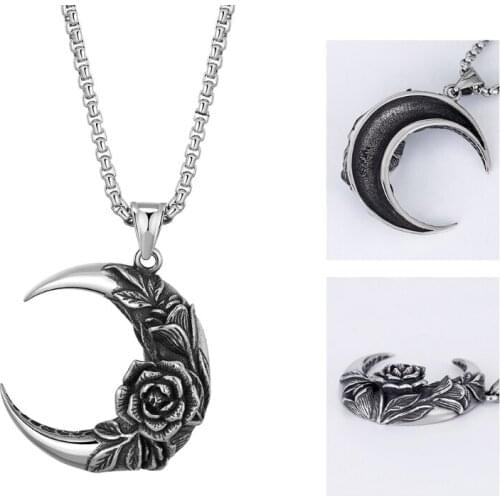 Retro Half Moon Shape Delicate Rose Pendant Stainless Steel Necklace Chain for Men Women Hipster Nightclub Bar