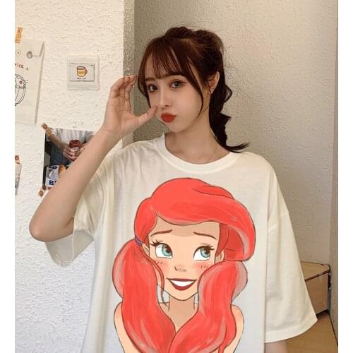 Disney Mermaid T-shirt Casual Oversized T-shirt White Black Summer Womens T-shirt Kawaii Short Sleeve T-shirt