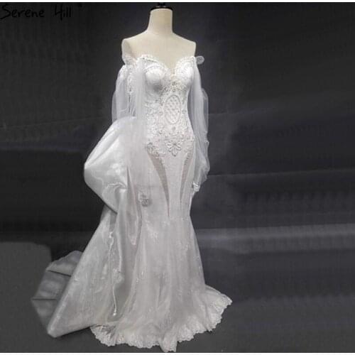 Dubai Off Shoulder lantern Sleeves Wedding Dresses 2021 Crystal Lace Mermaid Sexy Bridal Gowns HA2402 Custom Made