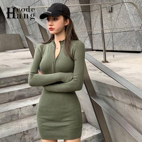 HangCode Ins Fashion Zipper Fly Knitted Dress Women Autumn Elastic Slim Knit Dress Sexy Package Hips Mini Bodycon Dress Black