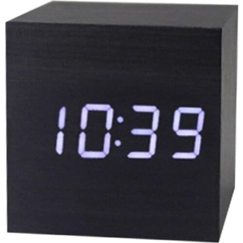 Mini Digital Led Wooden Square Clock Display Brightness Adjustment Voice Control Induction Snooze Home Bedroom Office Decoration