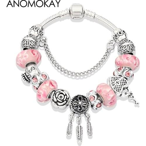 New Design Romantic Pink Glass Flower Charm Bracelet Silver Color Dream Catcher Key Heart Bead Bracelet Best Xmas Jewelry Gift