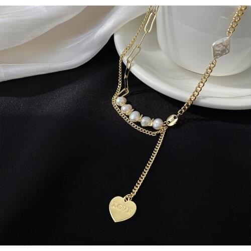 VSnow Baroque Irregular Natural Pearl Asymmetric Love Heart Pendant Necklace for Women Chunky Chain Letter Necklace Jewelry New