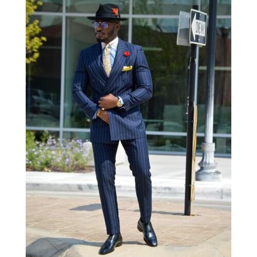 Jacket+Pants) Handsome Streetwear Male Suit Navy Blue Pinstripe Peak Lapel Tuxedo Wedding Man Blazer 2 Piece Custom Made