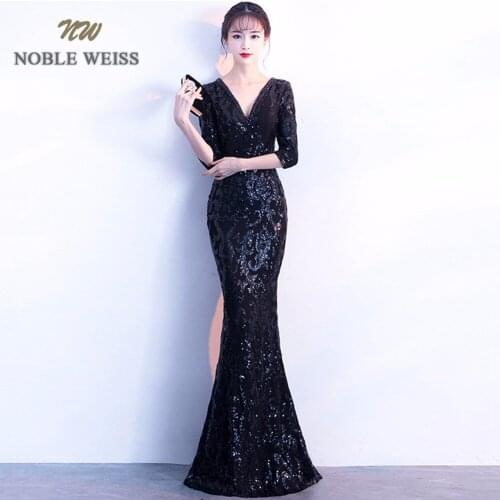 Prom dresses sexy black vestido de festa longo long mermaid long sleeve v-neck sequin prom dress see through back