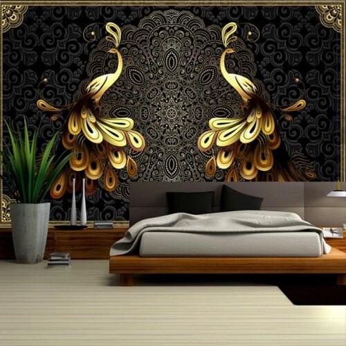 Custom Mural Wallpaper Luxury European Style Black Golden Peacock Large Wall Painting Dining Room Living Room Bedroom Background