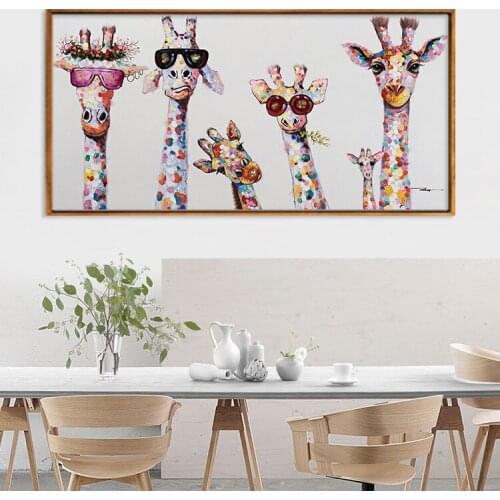 Workart Colorful Oil Animal Giraffe A family With Glasses Painting Canvas Picture Canvas Printings wall Art For Living Room