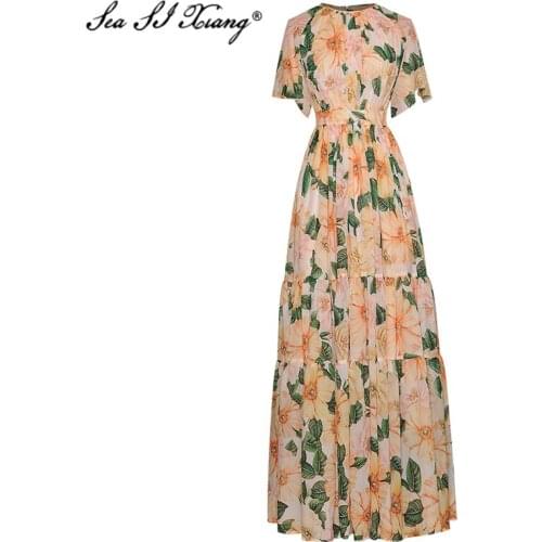 Seasixiang Fashion Designer Summer Maxi Dress Women O-Neck Short Sleeve Camellia Floral Floor-Length Ball Gown Dresses
