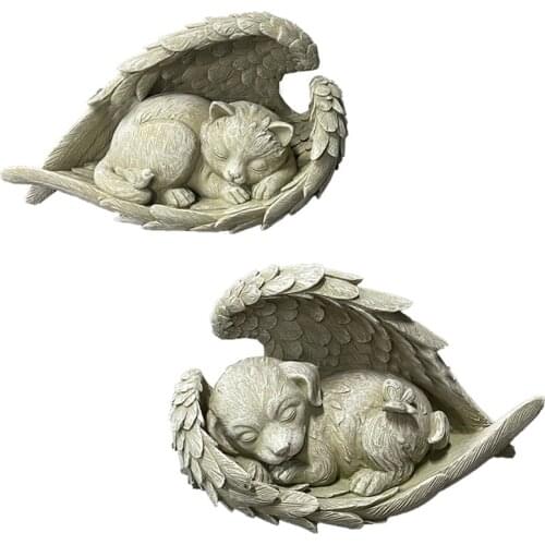 Sleeping Animal Figurine Cute Dog Cat in Angel Wing Diary Garden Statue Outdoor Angel Pet Memorial Stones Courtyard Decoration