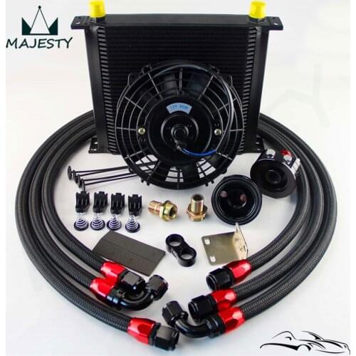 AN10 Universal 34 Row ENGINE FILTER RELOCATION Oil Cooler+7" Electric Fan Kit Black