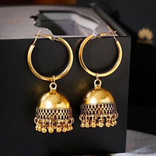 Boho Ethnic Indian Earring Jhumka Handmade Gold Vintage Birdcage Bell Tassel Dangle Hanging Earrings For Women Gypsy Jewelry