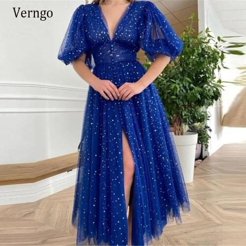 Verngo 2021 Shine Golden Dotted Tulle Blue Prom Dresses Short A Line Puff Sleeves Buttons Tea Length Homecoming Party Dress