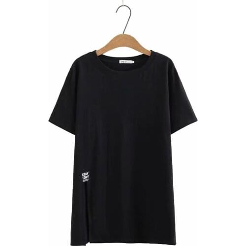 Women Side slit o neck Short Sleeve Shirt black white Top Plus Size Women T-shirt Clothing Mid-length cotton T Shirts