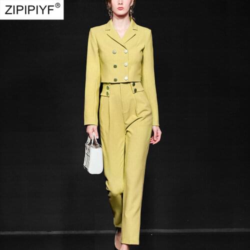 2021 Summer Runway Fashion Turn Down Neck Long Sleeve Double-Breasted Blazers High Waist Button Design Pant Women Suits Z244