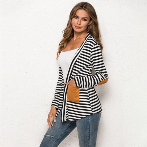 Harajuku Spring Autumn Cardigan Women Long Sleeve Striped Printed Casual Elbow Patchwork Knitted Sweater Pocket Outerwear