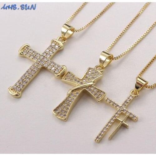 MHS.SUN Mosaic Zircon Cross Pendant Necklace Vintage Gold Plated Religious Jewelry Chain Necklace For Women/Girls Party Gifts