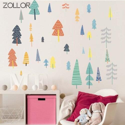 Zollor Colorful Forest Trees Home Wall Sticker Decoration Pastoral Style Door Furniture Fridge Closet Self-adhesive Sticker