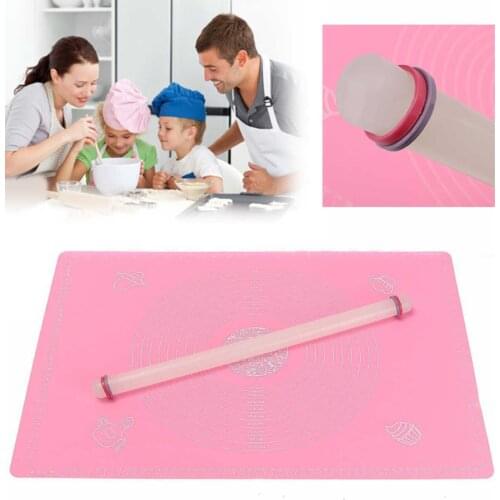2pcs Nonstick Silicone Baking Cooking Mat with Measurement + Fondant Rolling Pin 65*45cm