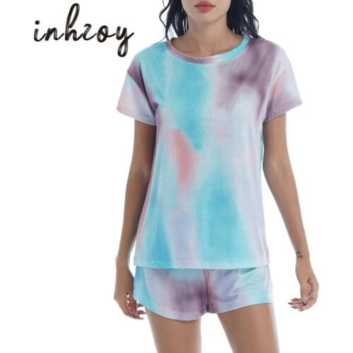 2Pcs Women Tie Dye Printed Sleepwear Lounge Short Sleeve Pajama Set Night Shirt with Shorts