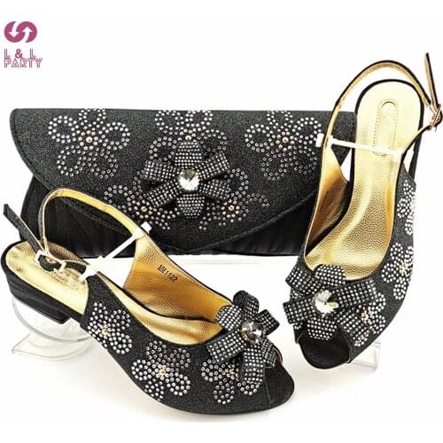 2021 New Arrivals African Women Shoes Matching Bag in Black Color Slingbacks Sandals with Shinning Crystal for Garden Party