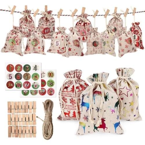 24pcs Xmas Advent Calendar Countdown Bag Decorative Hanging Cloth Bags Cotton Linen Bag Set Christmas Gift With Stickers Clips