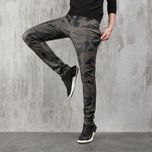 Thoshine Brand Summer Men Leather Pants Camouflage Skinny Elastic High Quality PU Leather Trousers Motorcycle Pants Streetwear