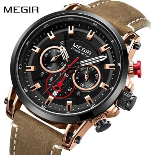 MEGIR Mens Sports Watches Top Brand Luxury Leather Quartz Wrist Watch Men Waterproof Army Military Clock Male Relogio Masculino
