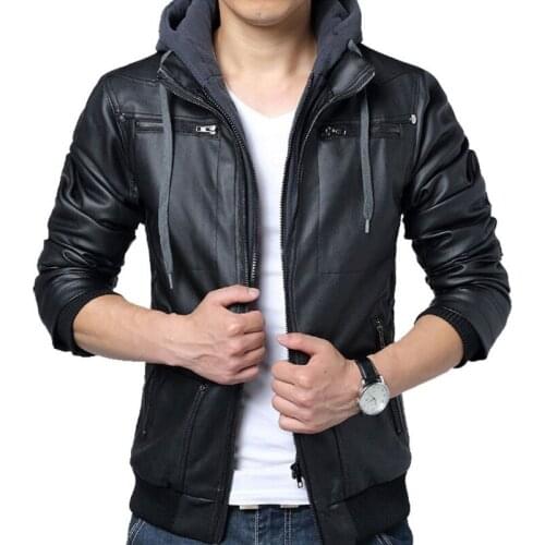 Men PU Leather Jacket Men Polar Fleece HOOD Detachable PU Faux Leather Jacket Men Biker Jacket Motorcycle Jacket