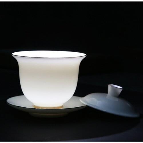 Sheep fat white jade tureen ceramic household tracing gold tea bowl cup Dehua white porcelain respect tea cup Sancai tureen