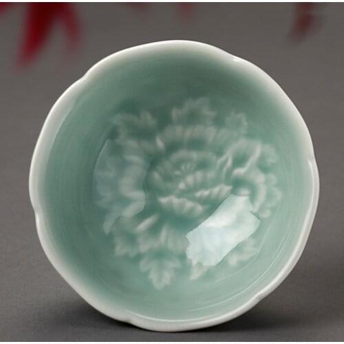 Ceramic peony tea cup christmas Celadon relief cup single Master Cup celadon lotus cup