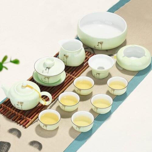Chinese ceramic Kung Fu tea set household simple celadon teaware Dehua living room teapot and cup set luxury 7 piece set