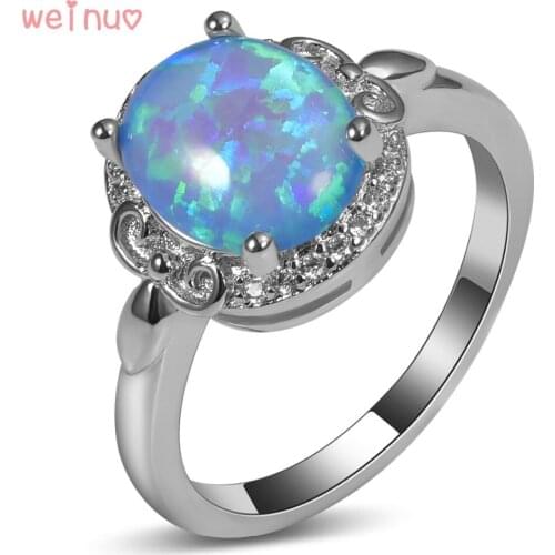 Weinuo Oval Blue Opal White Crystal Ring 925 Sterling Silver Top Quality Jewelry Wedding Ring Size 5 6 7 8 9 10 11 A257