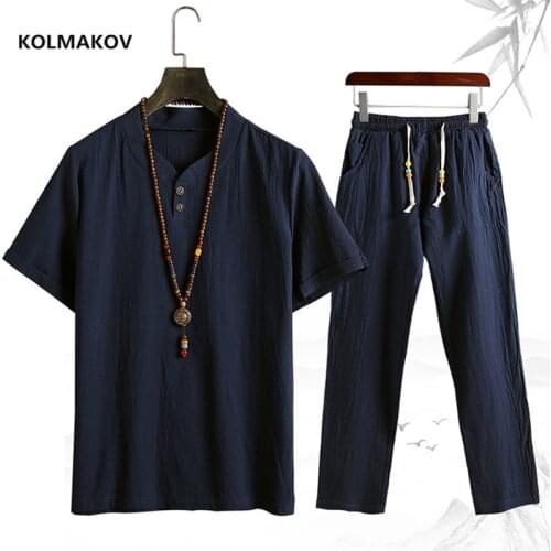 Shirt + trousers) summer fashion men shirt Man Cotton and linen shirts Short sleeve mens casual shirts men full size M-5XL