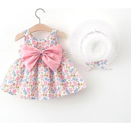 Baby Girls Summer Dresses With Hat Outfits Cotton Print Newborn Baby Princess Party Dress Infant Toddler Clothes Set