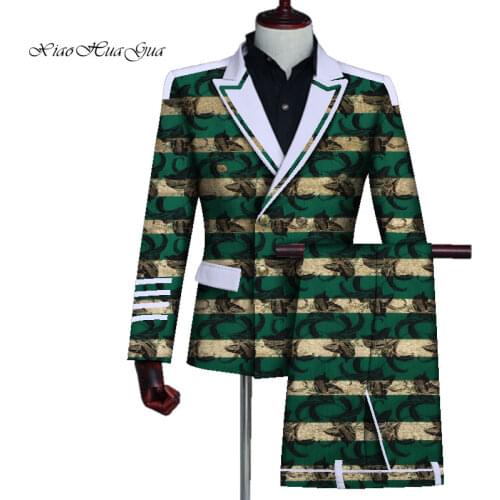 2 Pieces Blazer and Pants Set Mens African Clothing Bazin Riche African Wax Print Top Suits and Pants Sets Ankara Clothes WYN725