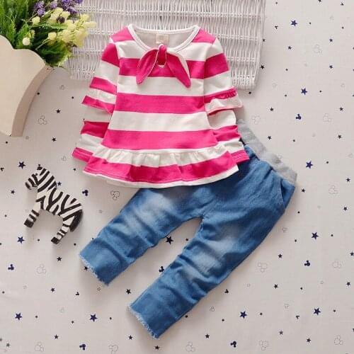2016 New Spring Autumn Children Girls Clothing Sets Stripe Clothes Bow Tops T Shirt Jeans Leggings Pants Baby Kids 2pcs Suit Set