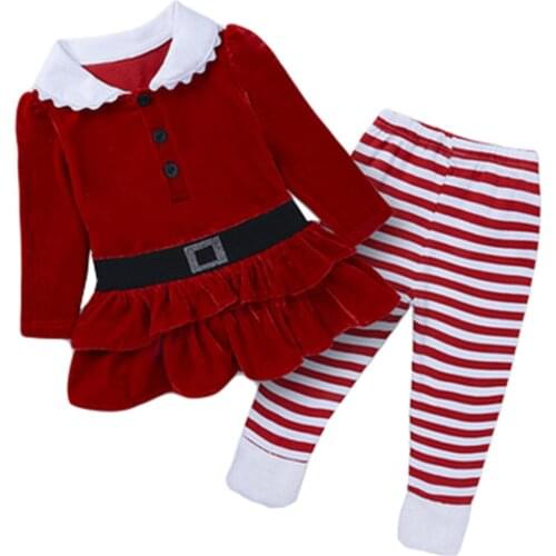 Newborn Kids Baby Girls Christmas Party Stripe Red Print Skirt Romper Tops + Long Pants 2Pcs Causal Dress Outfits Clothes Set