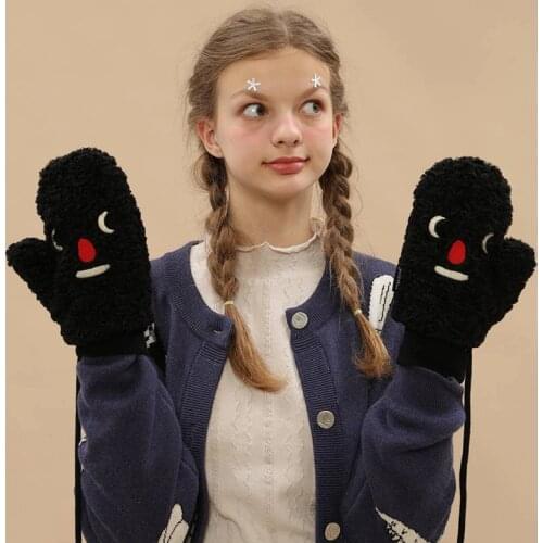 Original Design Fully Lined Faux Fur Twist Mittens Gloves Full Finger Outdoor Warm Mittens Thicken Velvet Lanyard Wrist Harajuku