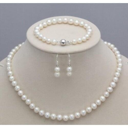 New 6-7mm Natural Freshwater Pearl Necklace Bracelet Earrings Set 18" 7.5"AA free shipping