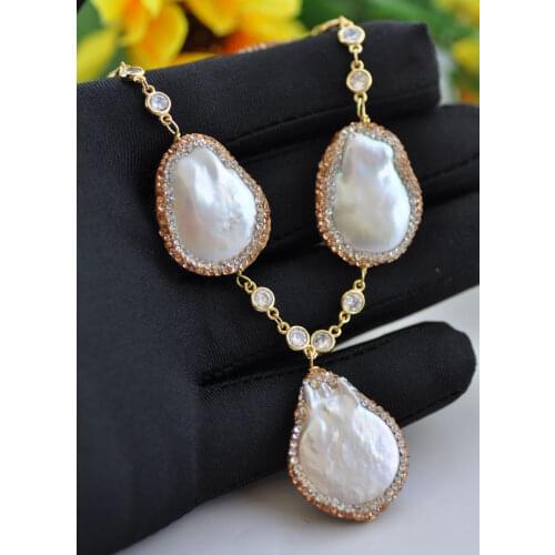 P7648 Handmade 18" 25mm White Coin Pearl CZ Necklace & Pendant Choker