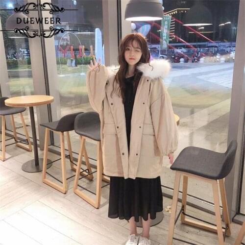 DUEWEER Short Parkas Women Winter Fur-collar Single-breasted Solid Women Hoodies Pockets Thicken Loose Korean Style Outwear