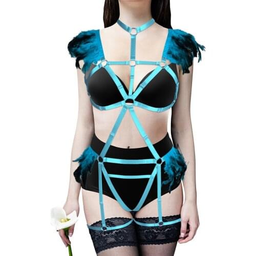 Feather Party Rave Wear Sexy Full Body Harness Women Elastic Stocking Bandage Harness Belt Cage Bra Hollow Out Strappy Bralette
