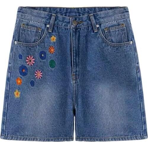 Casual Loose Jeans Shorts Women Flowers Embroidery Straight-Leg Pants Female Harajuku Korean Fashion Jeans 2021 Summer
