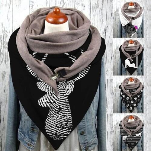 Luxury Fashion Women Animal Printing Button Scarves Autumn Winter Warm Windproof Cat Prints Double-Layer Buckle Scarf