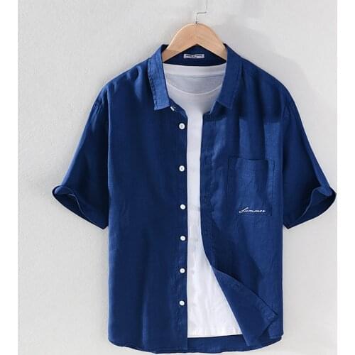 100%Linen Short Sleeve Shirt for Men Summer New Chest Pocket Decoration Letter Embroidery Tops Male Solid Color Loose Hemp Shirt