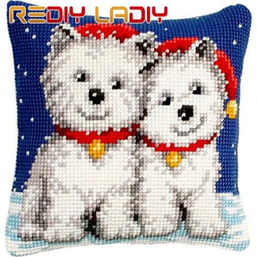 DIY Cross Stitch Cushion Cover Christmas Puppies 100% Acrylic Yarn Pillow Case Chunky Cross-Stitch Kits Home Decor Throw Pillows